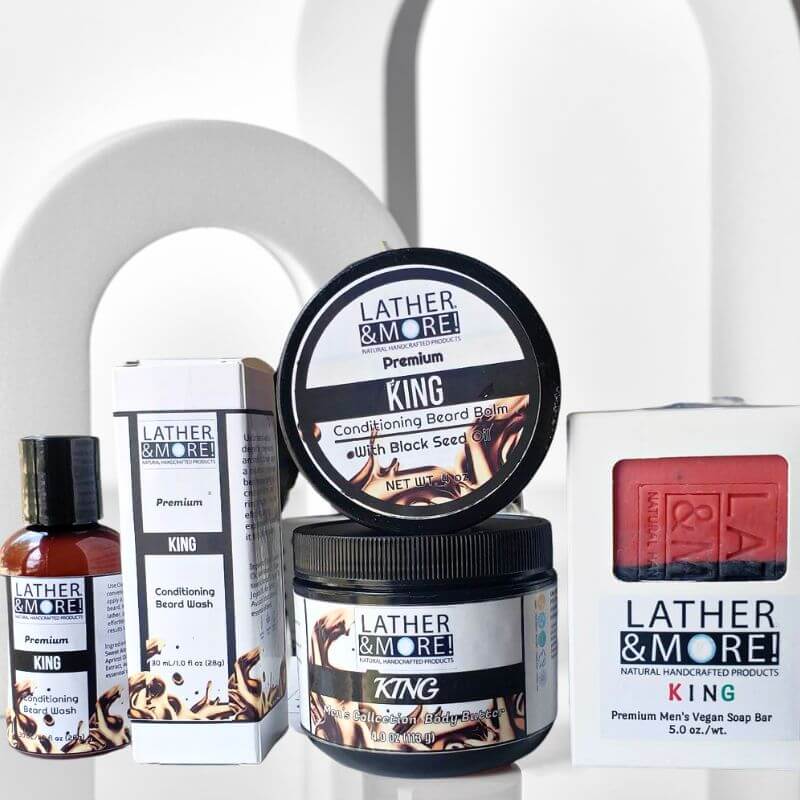 Elevate your grooming with KING Men's Beard Collection: beard oil, wash, and balm for a stylish, confident man.Gift box setBath & Body Gift SetsKING Men's Beard Collection - Ultimate Beard Care GiftKING Men's Beard Collection$ 59.99Lather and More!Lather