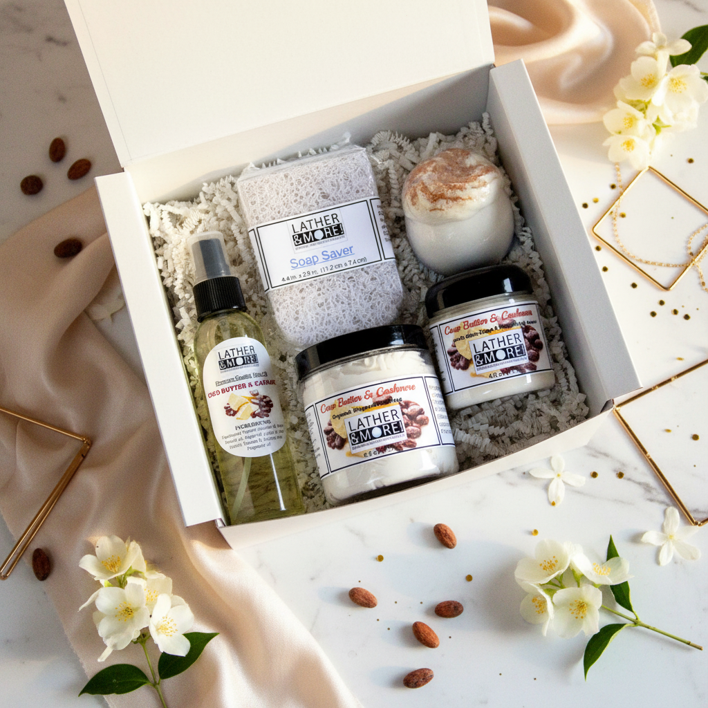 Lather and More Coco Butter and Cashmere gift box lifestyle shot with cocoa beans and gold accents on marble