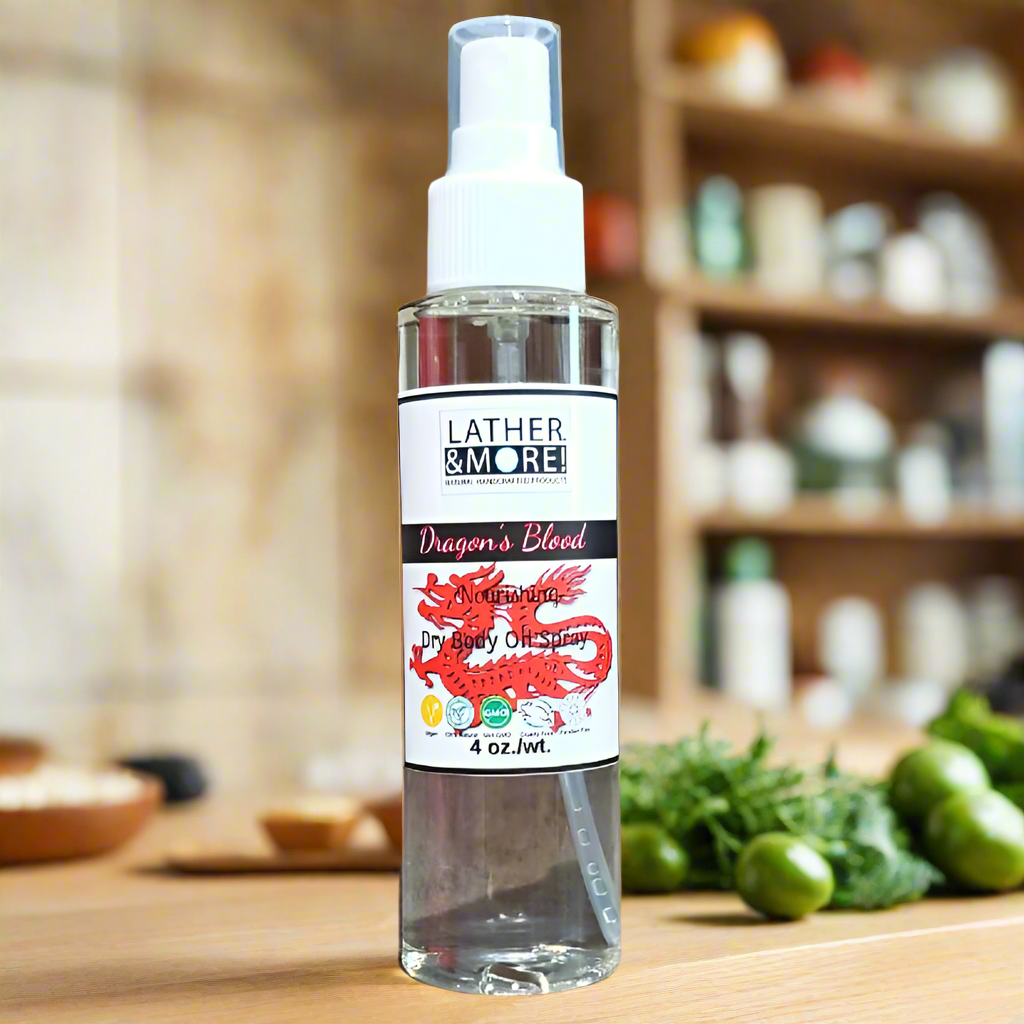 Dragons blood dry body oil  sitting on wood countertop with vegetables in a kitchen
