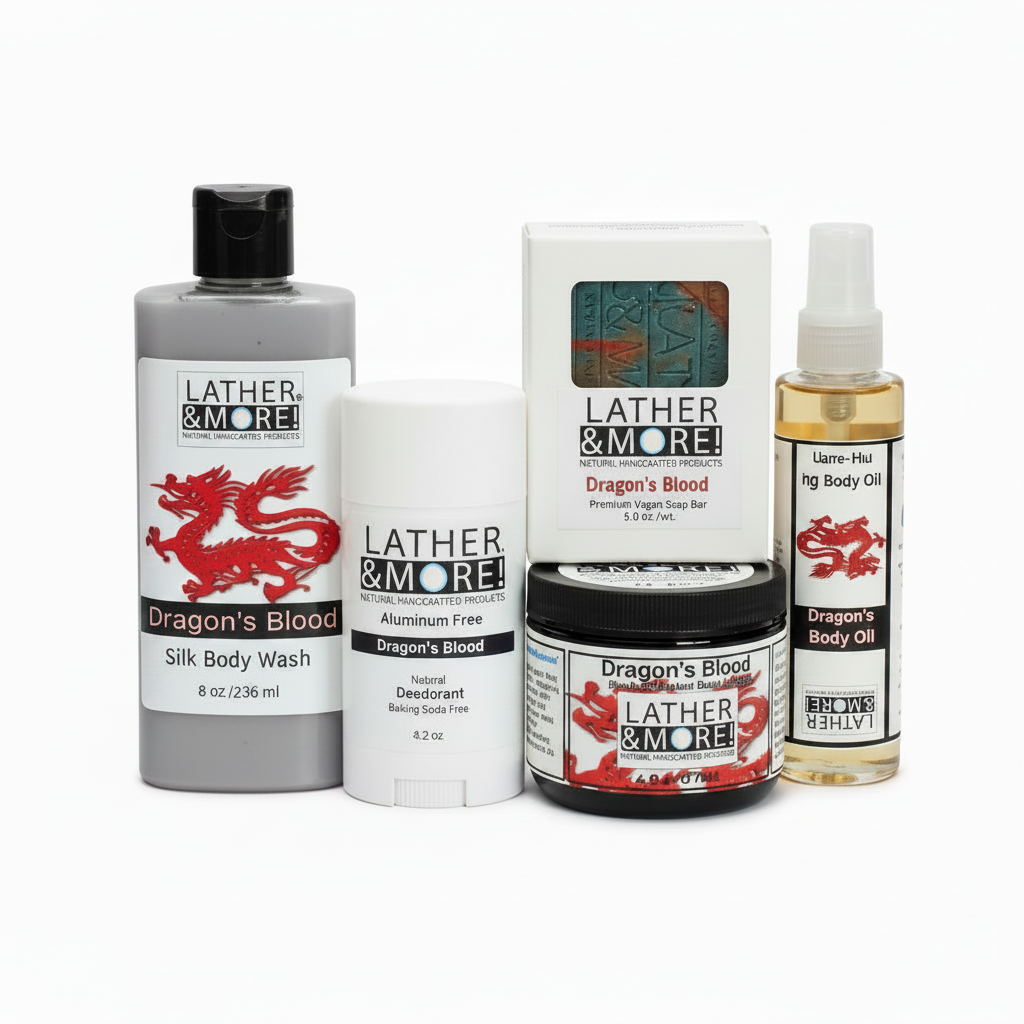 A set of Lather & More body care products on a white background, including Dragon's Blood Silk Body Wash, Aluminum Free Deodorant, Dragon's Blood Bar soap, Dragon's blood body wash, and Dragon's Blood Body Oil.