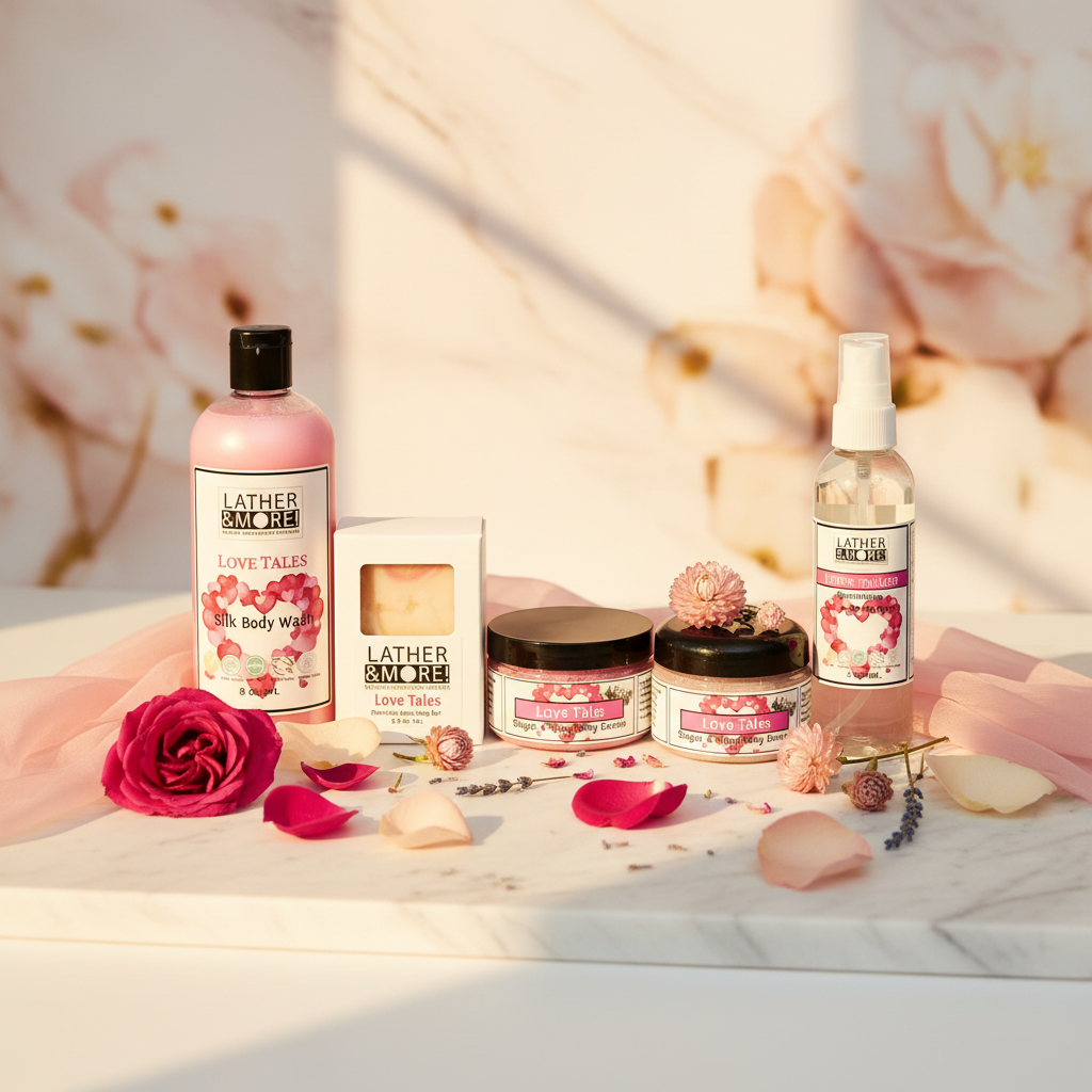 Four Lather and More Love Tales body care products arranged on a white marble surface with pink rose petals and a pink rose, under warm directional sunlight. set includes a bottle of silk body wash, bar soap in a box, sugar scrub in a jar, body butter in a jar, dry body oil spray