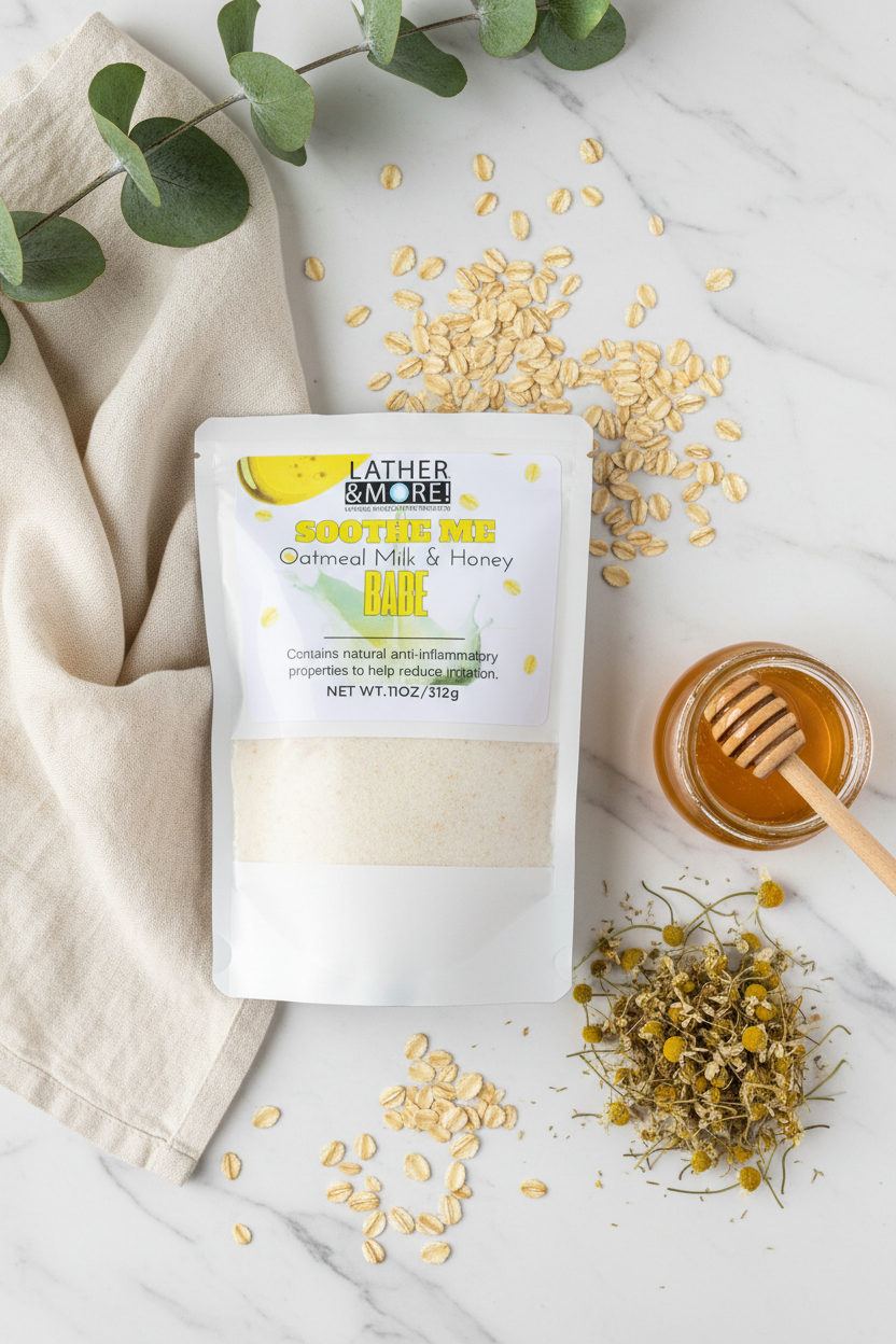 A packaged bath salt product 'Soothe Me Babe' by Lather and More, oatmeal milk and honey flavor, displayed on a bathroom counter with a towel and a plant in the background.