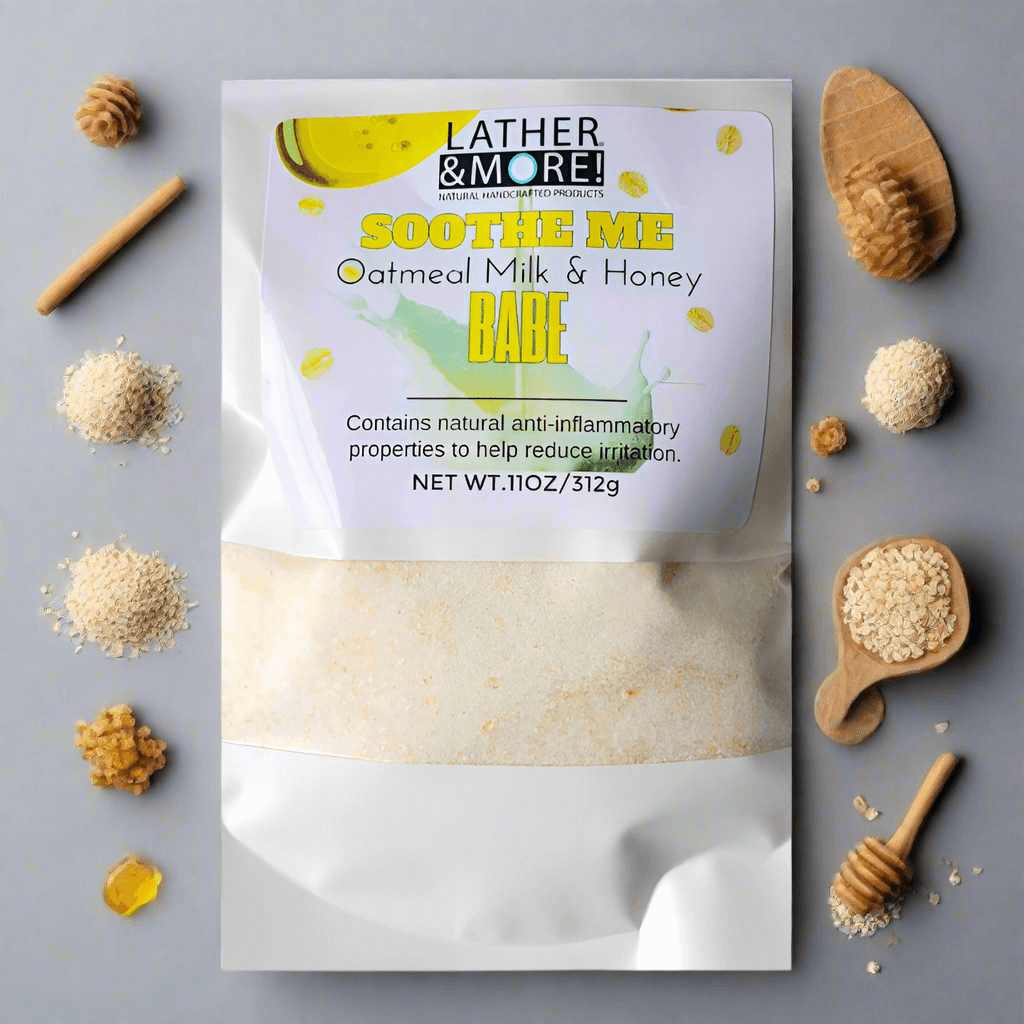 Indulge in soothing oatmeal, milk, and honey bath salts that calm sore muscles and nourish sensitive skin.SaltsBath AdditivesSoothe Me Babe Bath Salt - Organic Bath SaltsSoothe Me Babe Bath Salt$ 14.99Lather and More!Lather and More!