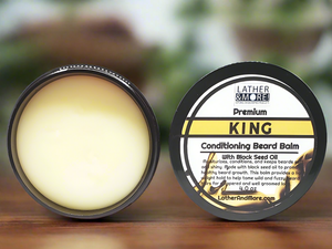 King beard balm sitting on a bright modern countertop 