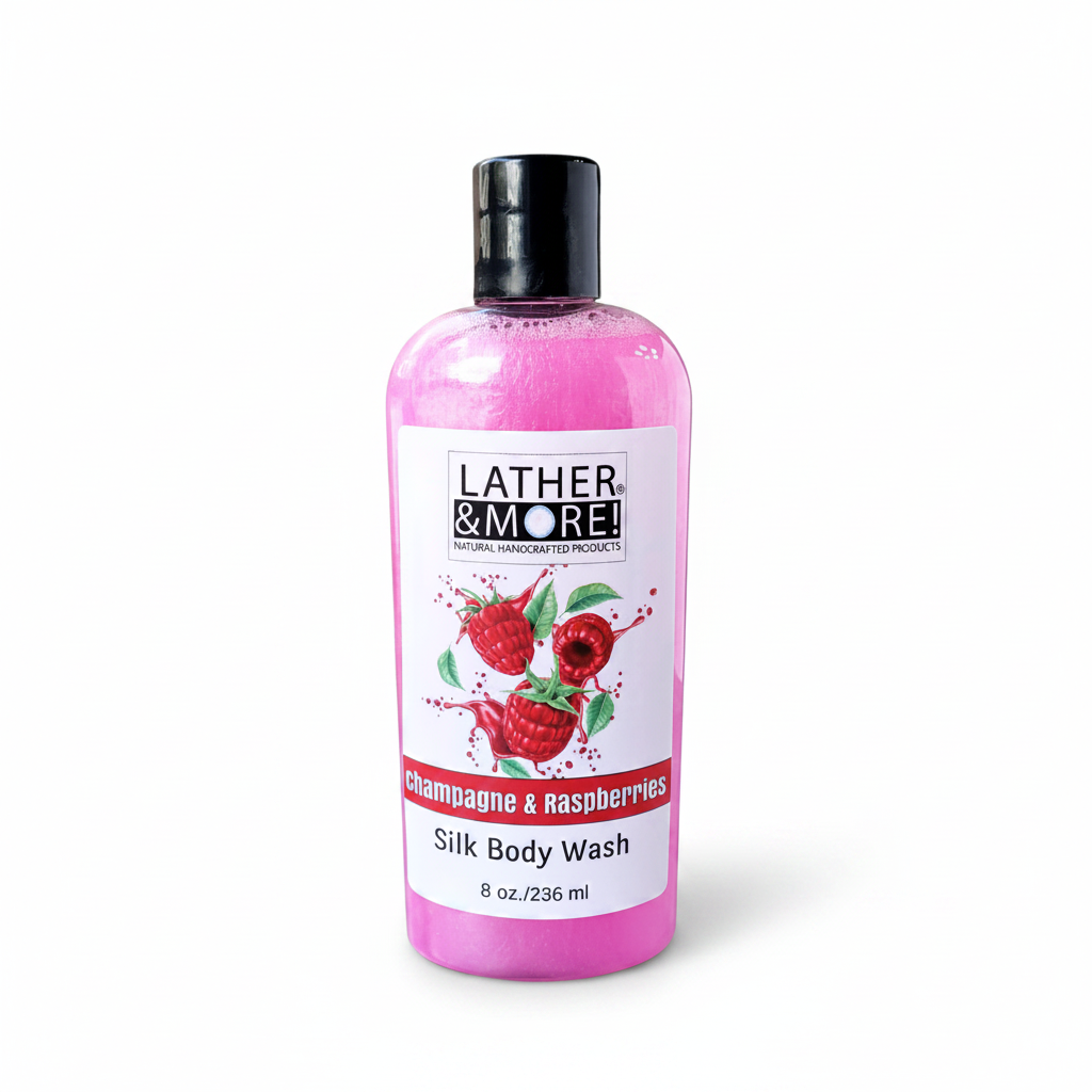 Champagne & Raspberries Silk Body Wash - White Background