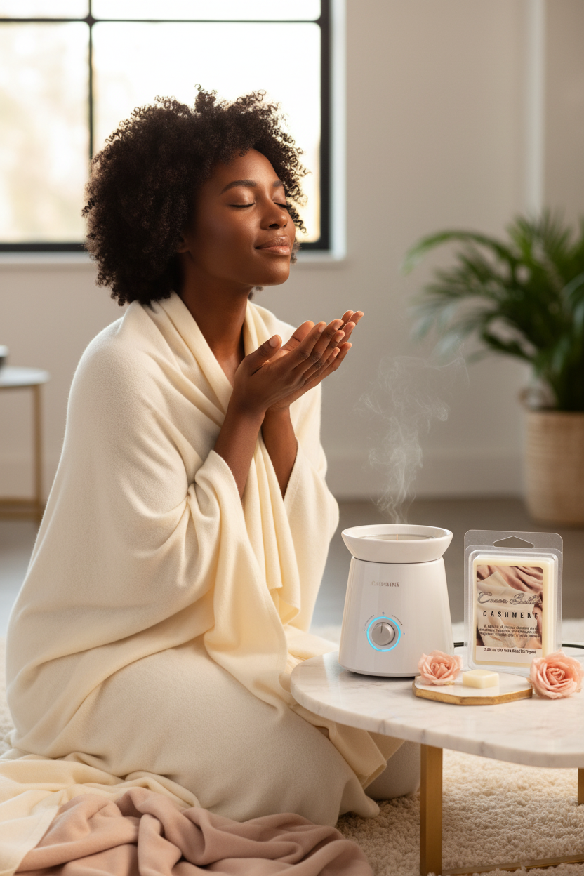 A woman wrapped in a cream robe sits on a rug beside a small table with a steaming white diffuser and a packaged wax melt labeled 'Serenade'. The room is softly lit with a window in the background and a potted plant.