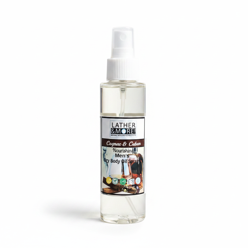 lather and More's Cognac & Cuban Men's Dry Body Oil Spray - On a Professional White Background