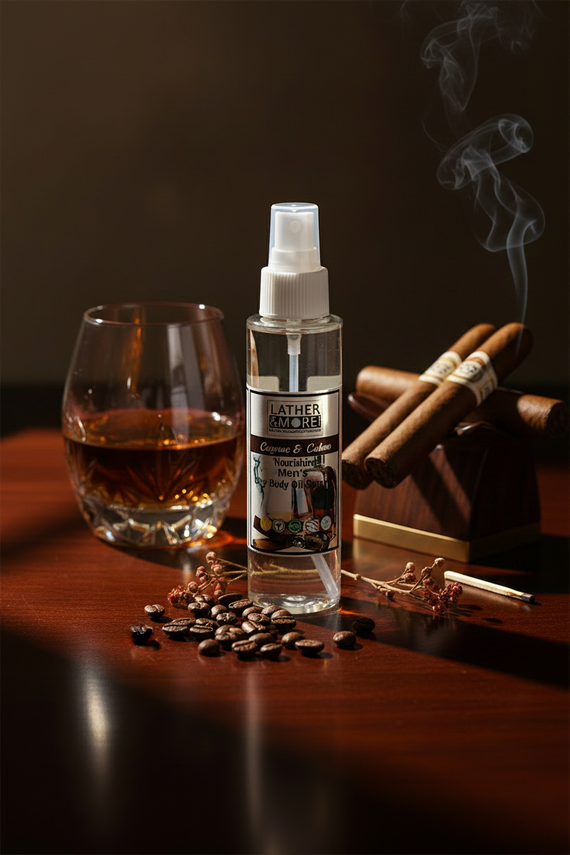 A bottle of Lather and more's Cognac & Cuban dry body oil spray stands on a wooden table beside a glass of amber liquor, scattered coffee beans, and cigars on a wooden block, with smoke rising in the background.