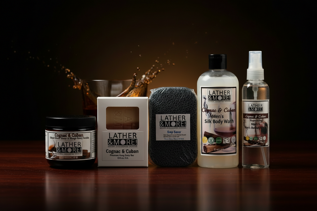 A set of Lather & More bath products arranged on a dark wooden surface against a black background with a warm splash effect. The products include a Cognac & Cuban body butter jar, a boxed soap, a dark gray soap saver, a Cognac & Cuban silk body wash bottle, and a clear dry body oil spray bottle.
