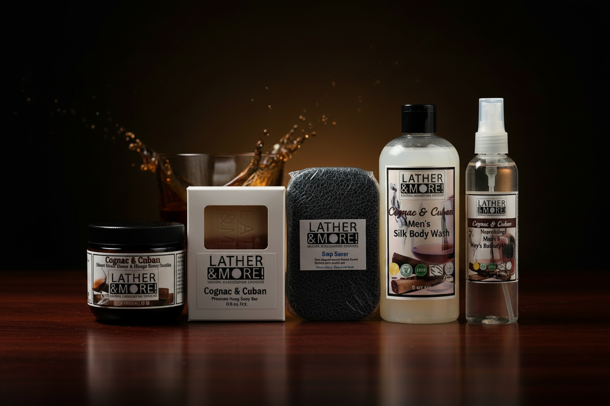 A set of Lather & More bath products arranged on a dark wooden surface against a black background with a warm splash effect. The products include a Cognac & Cuban body butter jar, a boxed soap, a dark gray soap saver, a Cognac & Cuban silk body wash bottle, and a clear dry body oil spray bottle.