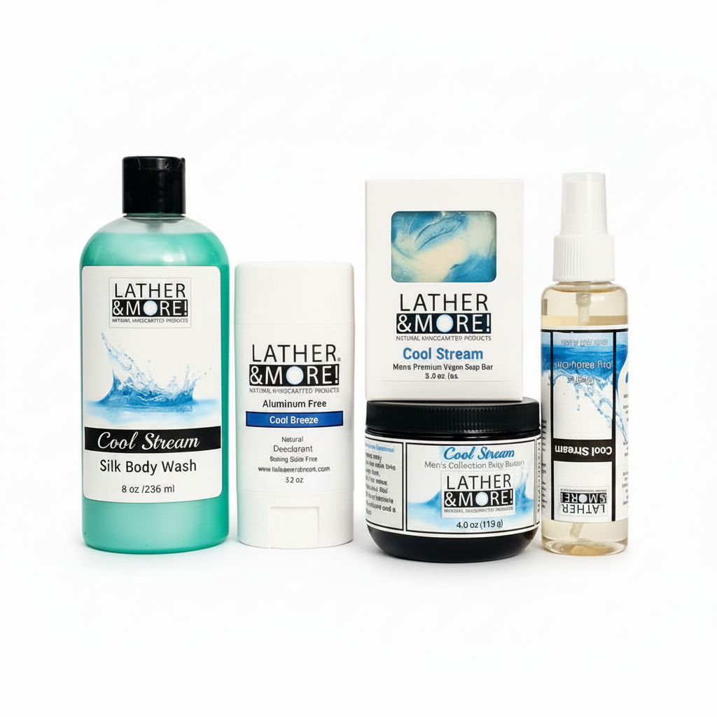 A five-piece Lather & More Cool Stream gift set on a white background, including a teal silk body wash bottle, an aluminum free and baking soda free deodorant stick, a jar of  body butter, a box, and a dry body oil spray bottle.