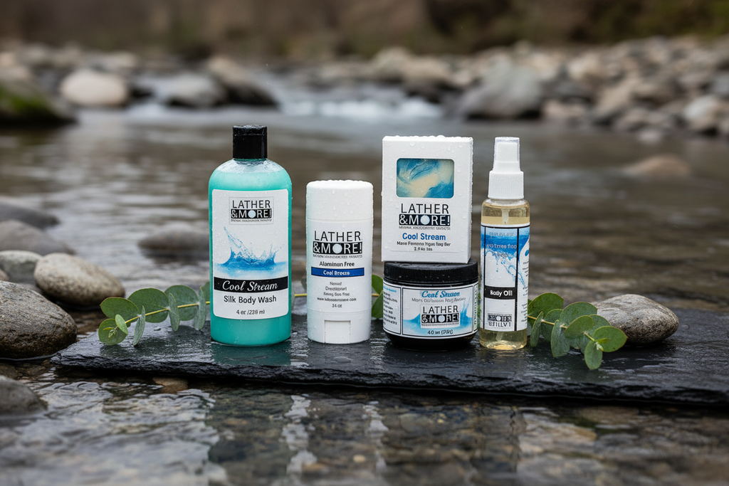 Four Lather & Lace body care products arranged on a dark stone slab over a flowing stream, with rocks and greenery in the blurred background. The products include a turquoise body wash bottle, a white body butter tube, a white care stream box, a black body butter jar, and a clear spray bottle.