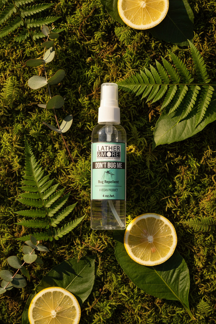 A clear plastic spray bottle labeled 'Lather Amore Don't Bug Me' with a white spray top, placed on a bed of green moss and surrounded by fern leaves and lemon slices.