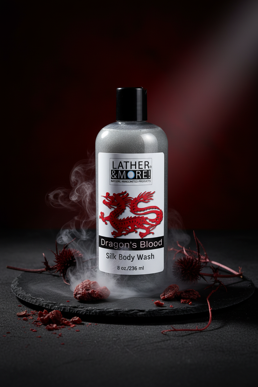 A bottle of Leather & More Dragon's Blood Silk Body Wash stands on a dark stone plate with red dried petals and smoke around it against a dark red and black background.