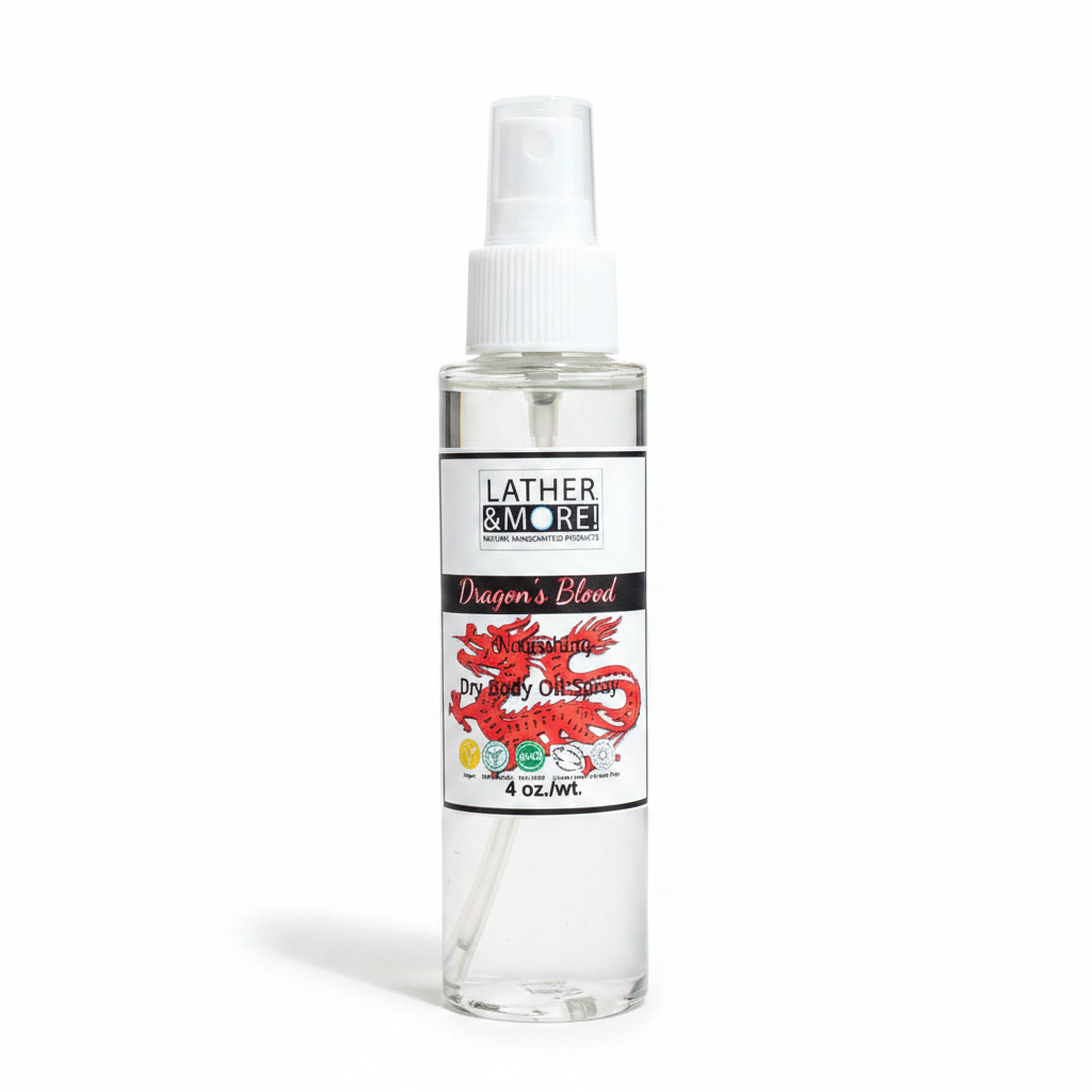Dragon's Blood Dry Body Oil Spray - Clear Liquid in a bottle on a white background