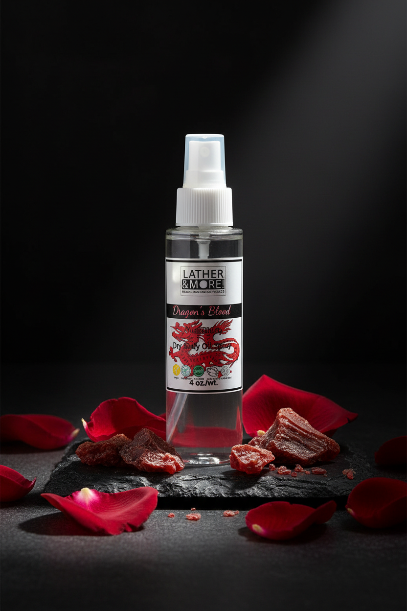 A clear spray bottle labeled Lather and More Dragon's Blood, filled with clear oil, displayed on a dark slate board with red rose petals and dried red leather pieces against a dark background.