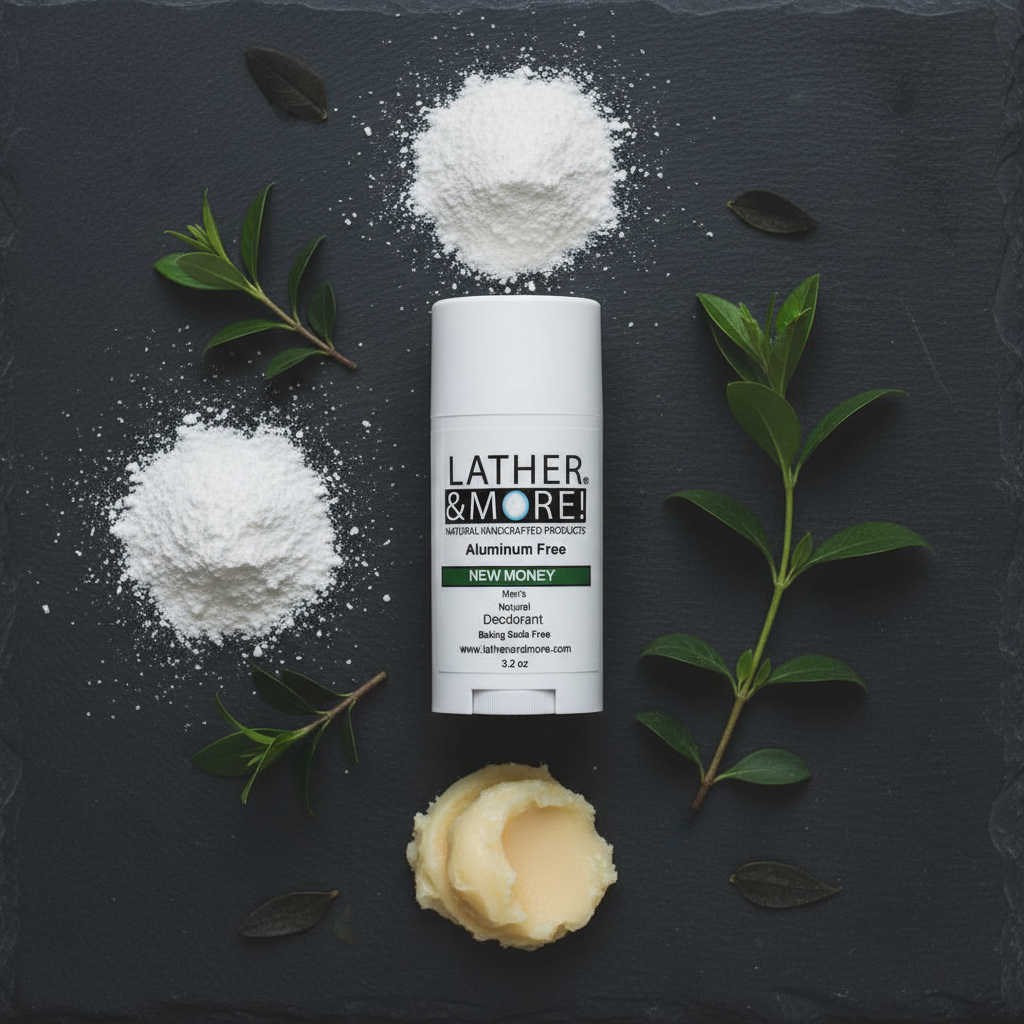 New Money Men's Natural Deodorant flat lay with natural ingredients on dark slate surface