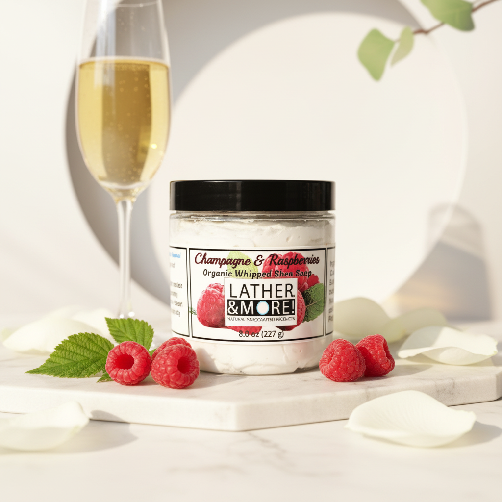 Lather and More Champagne and Raspberries Whipped Shea Soap lifestyle shot with fresh raspberries and champagne flute on marble