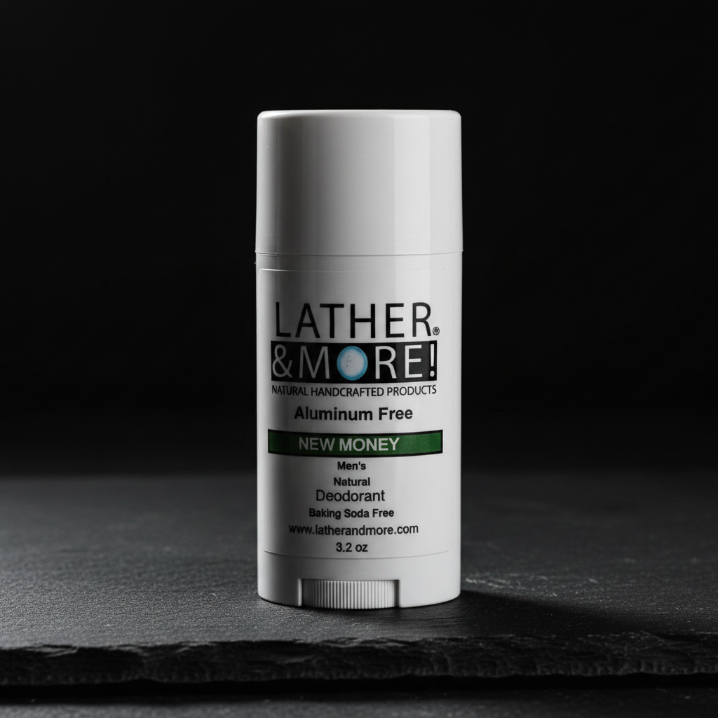 Close-up of New Money Men's Natural Deodorant stick by Lather and More showing aluminum-free and baking soda-free label