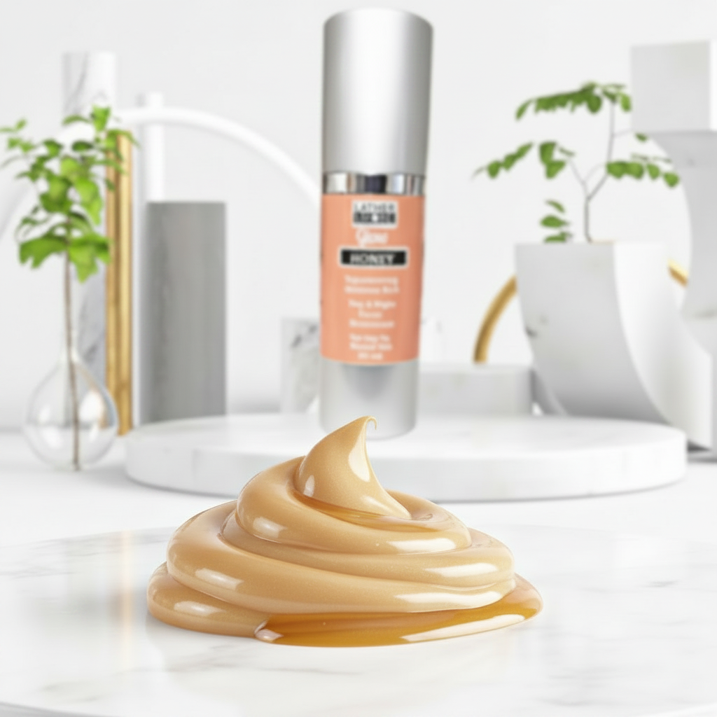 Lather and More Glow Honey Facial Moisturizer cream texture macro shot with golden honey drizzle