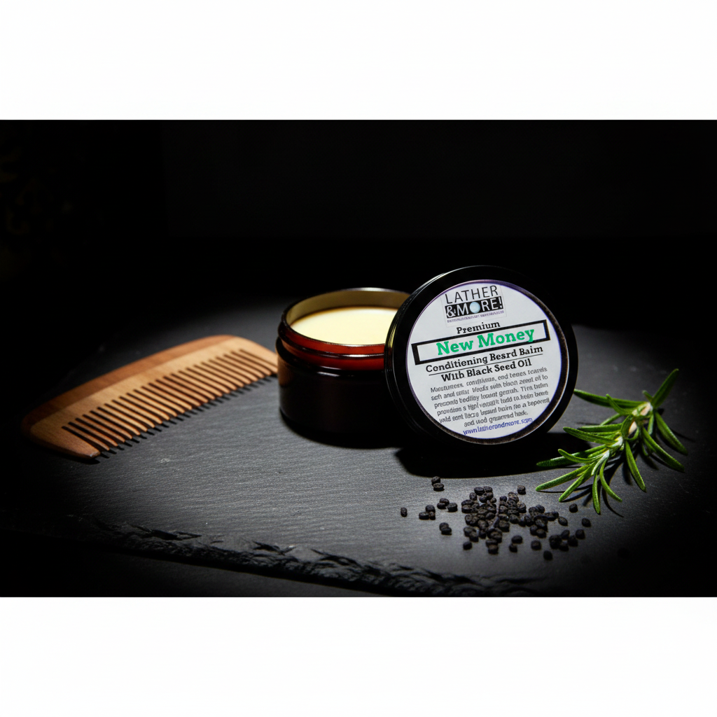 Lather and More New Money Beard Balm lifestyle shot with beard comb and black seeds on dark slate