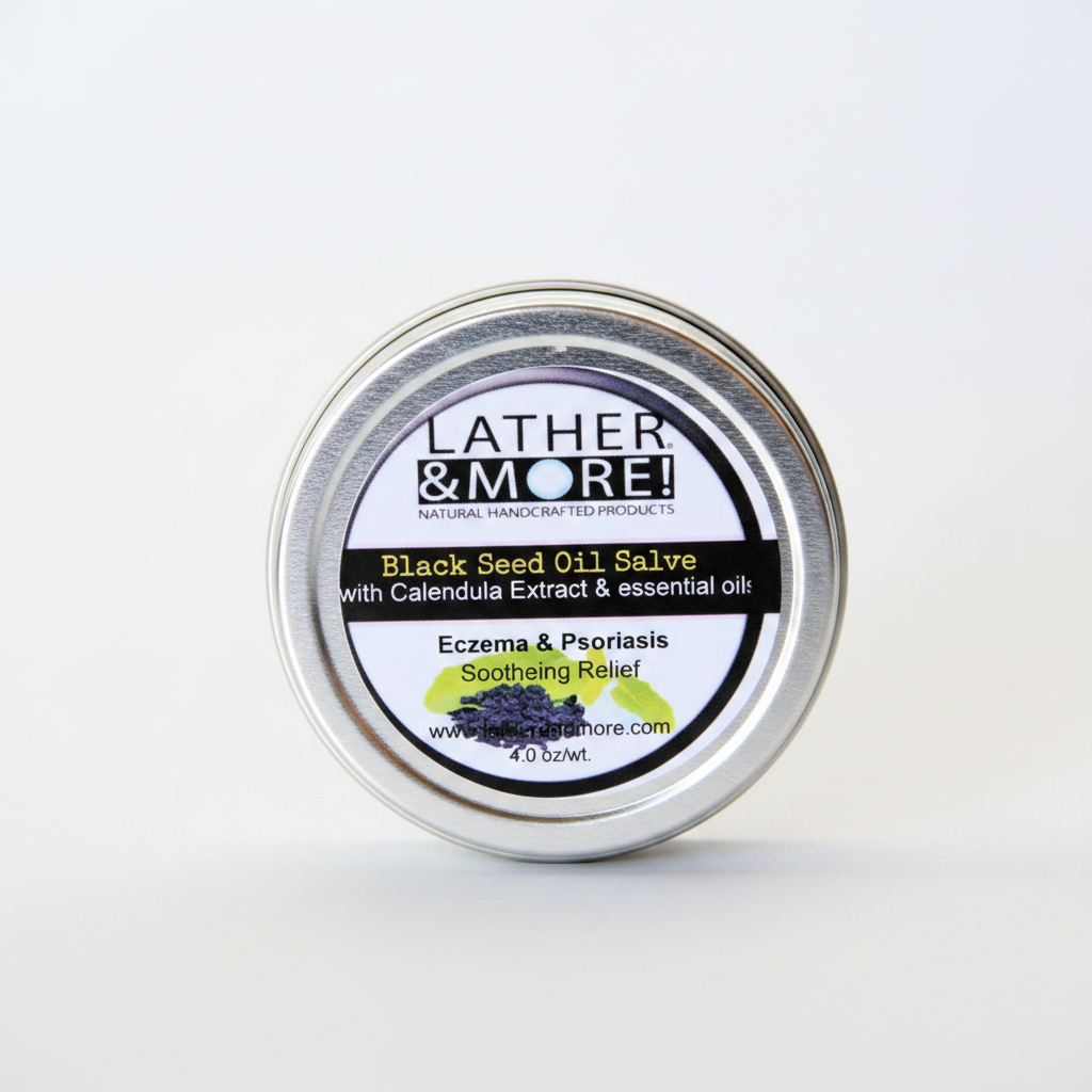 Lather and More Black Seed Oil Salve silver tin on pure white background