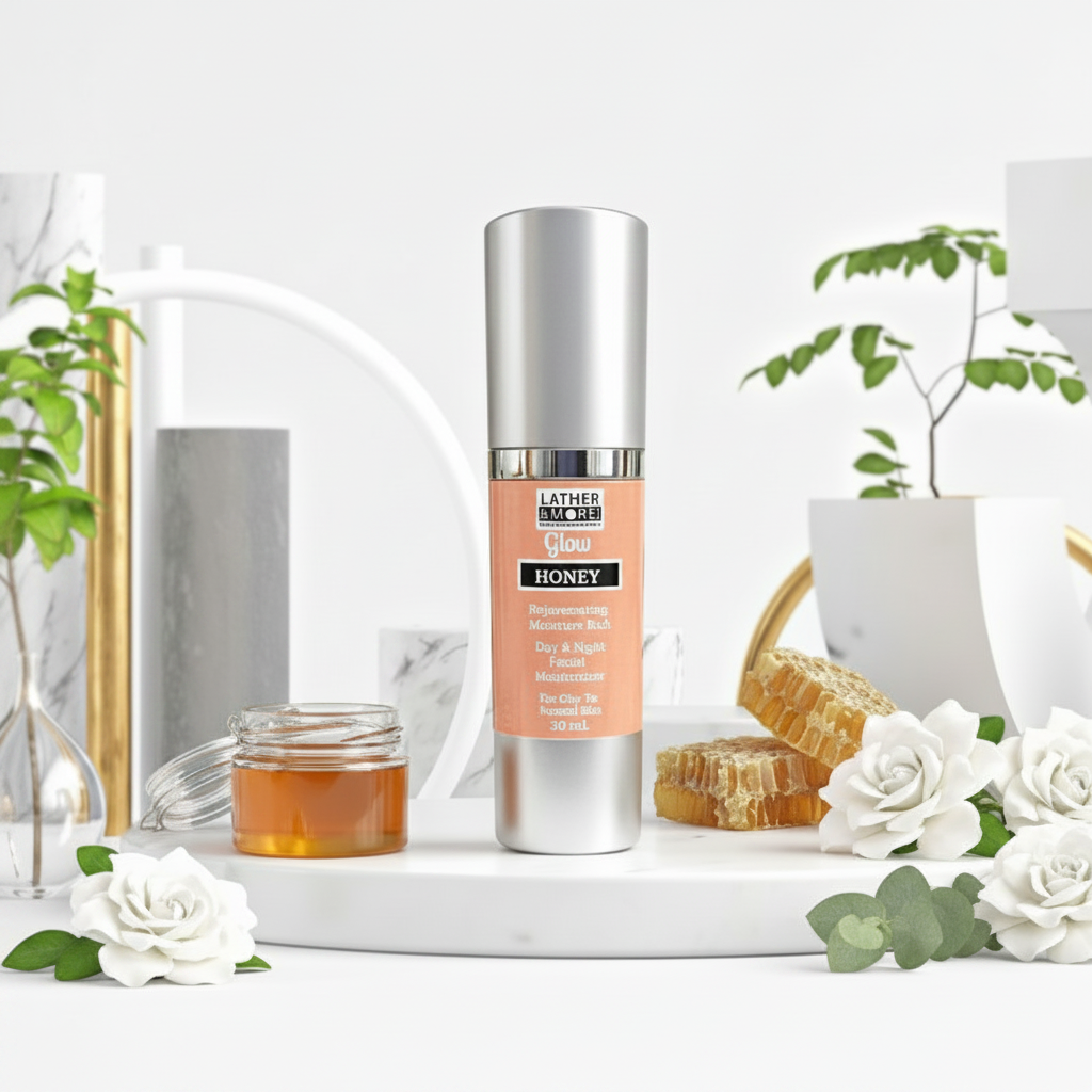 Lather and More Glow Honey Facial Moisturizer lifestyle shot with honey and white flowers on marble