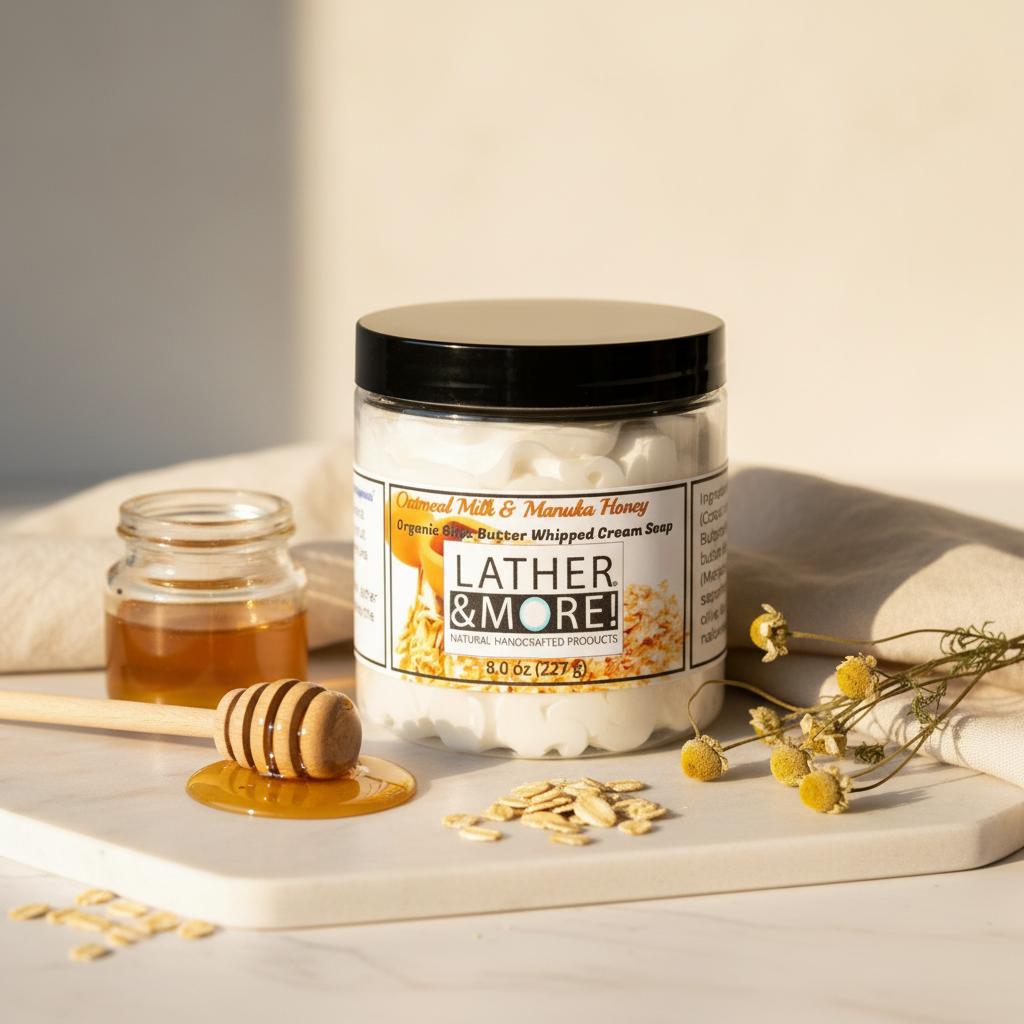 Lather and More Oatmeal Milk and Manuka Honey Whipped Cream Soap lifestyle shot with honey dipper and rolled oats on marble