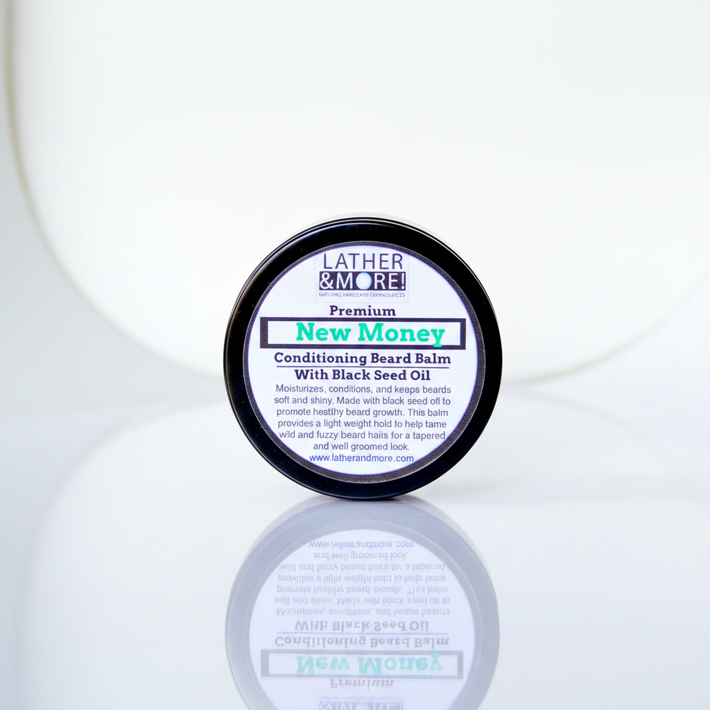 Lather and More New Money Premium Conditioning Beard Balm dark amber tin on pure white background