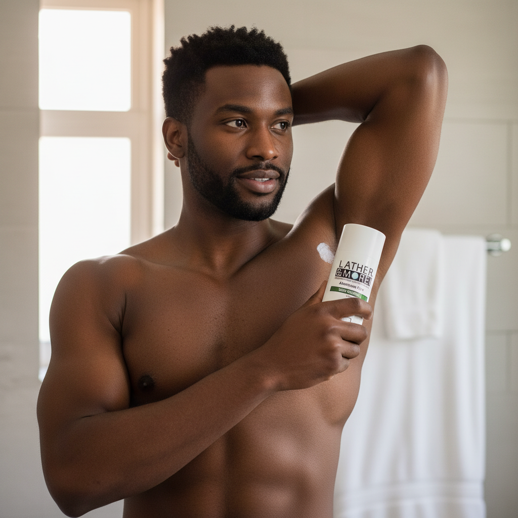 Man with dark skin applying New Money Men's Natural Deodorant by Lather and More after shower