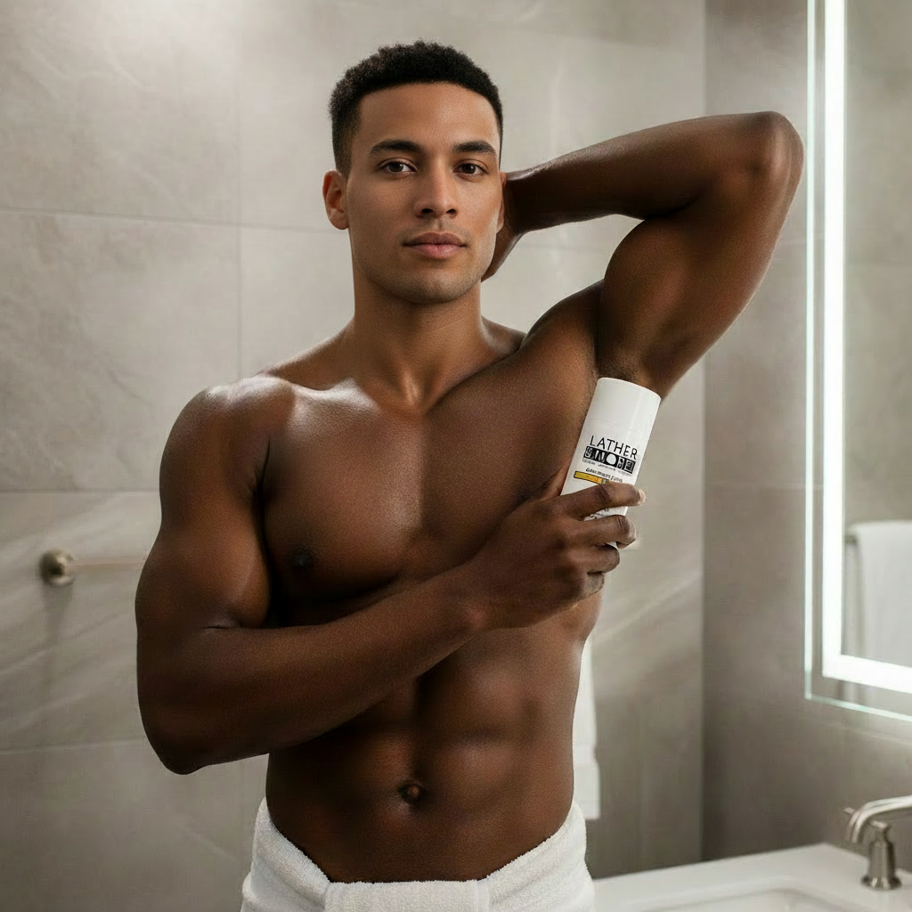 Man with light olive skin applying KING Men's Natural Deodorant by Lather and More after shower