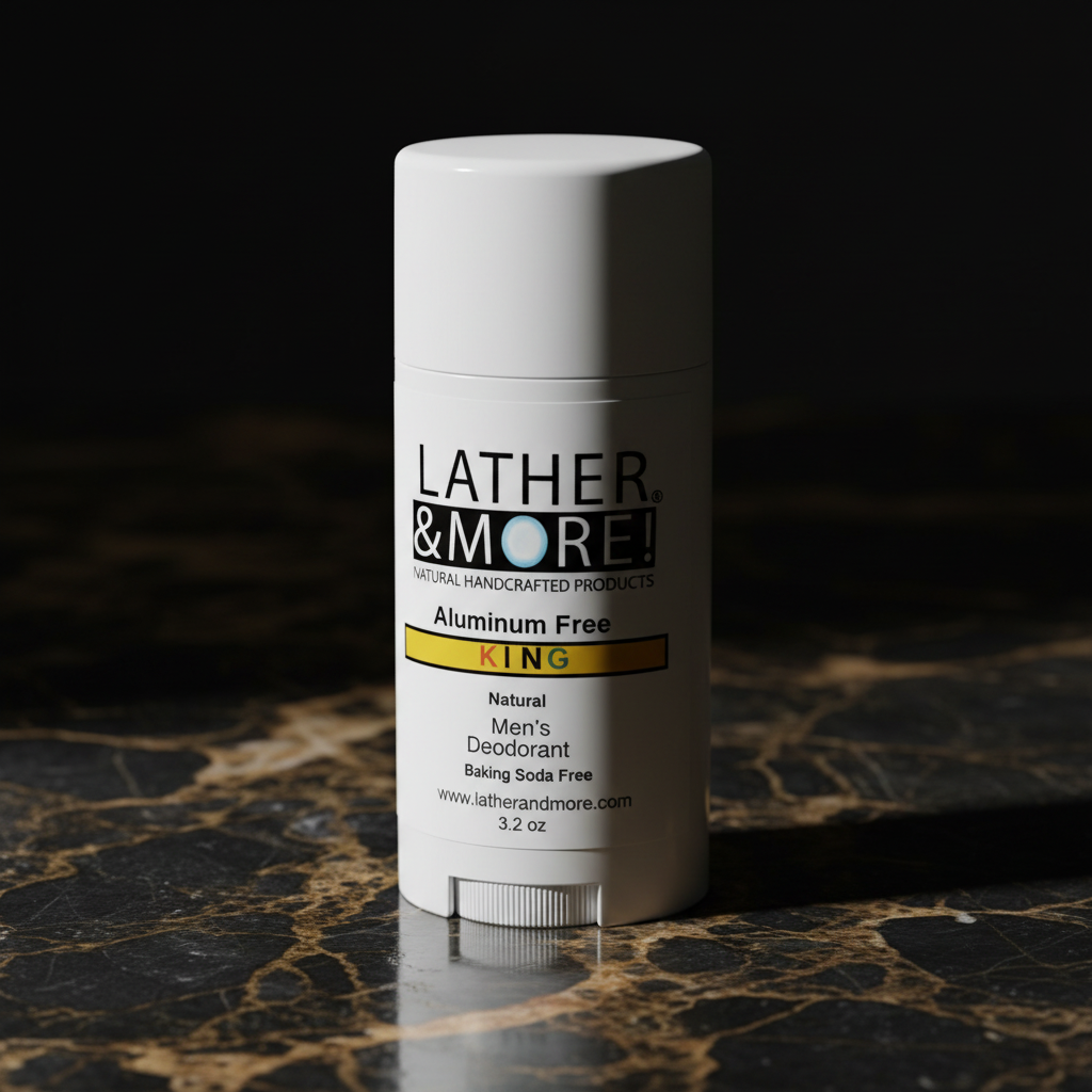 Close-up of KING Men's Natural Deodorant stick by Lather and More showing aluminum-free and baking soda-free label