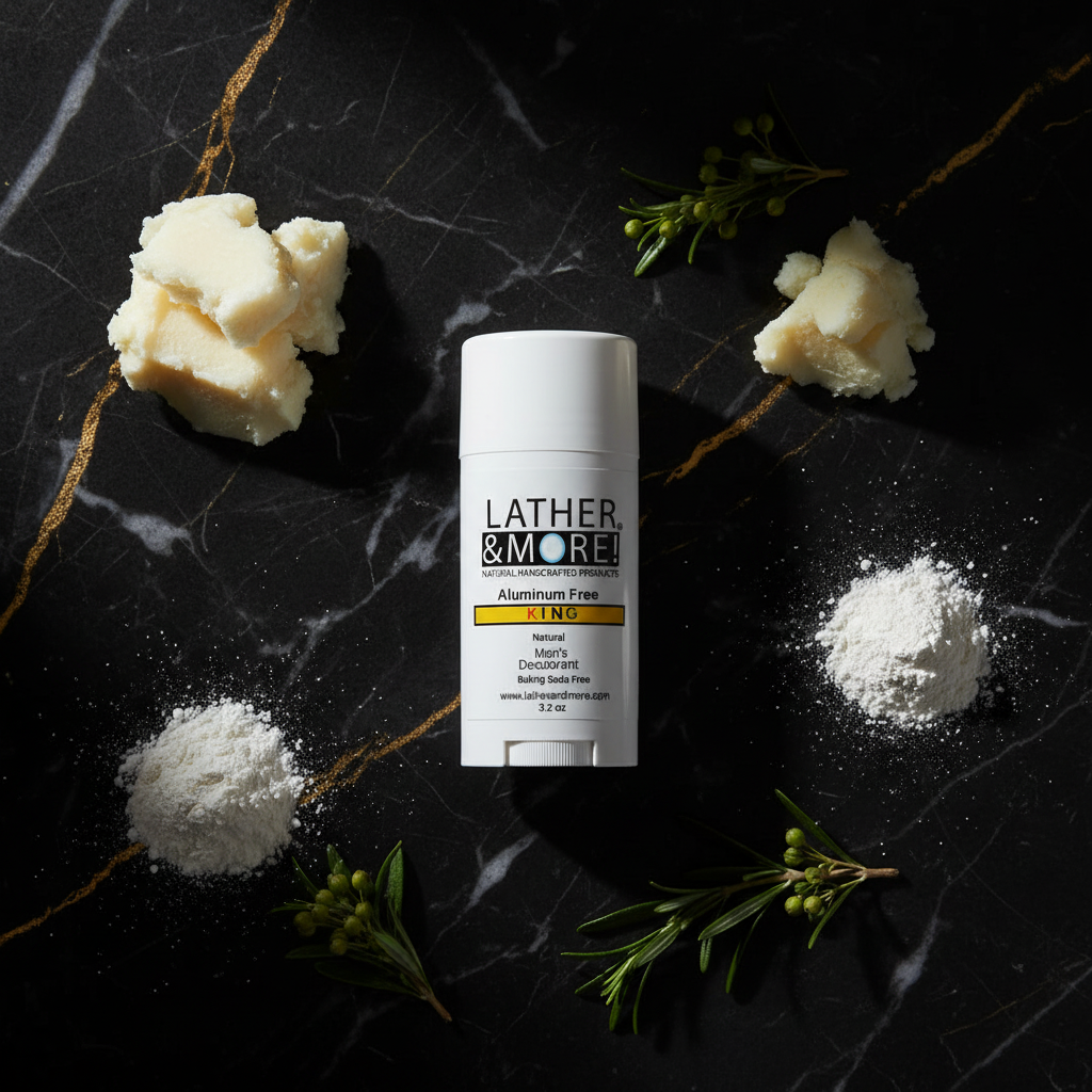 KING Men's Natural Deodorant flat lay with natural grooming ingredients on black marble surface