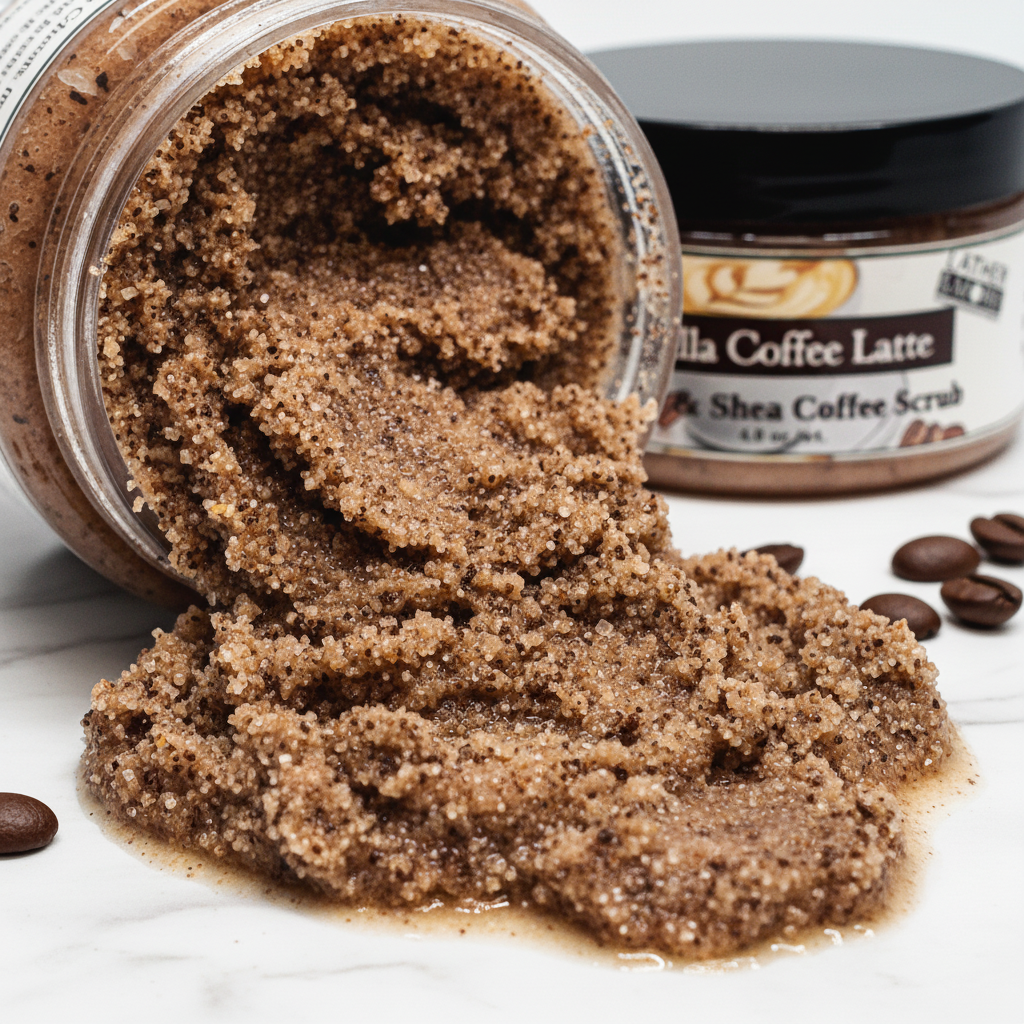 Lather and More Vanilla Coffee Latte Sugar Scrub texture close-up macro shot