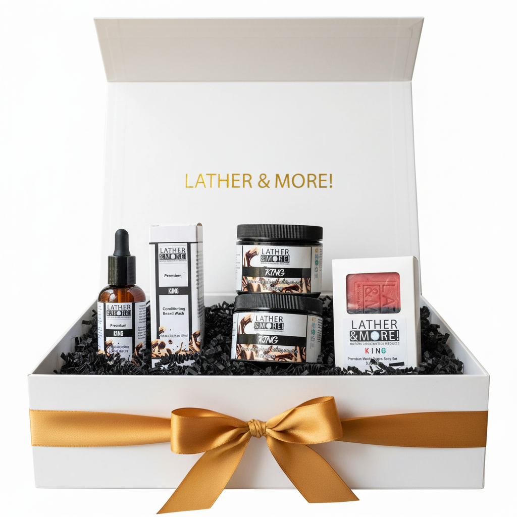An open white gift box with a gold ribbon bow and the words 'LATHER & MORE!' printed inside, containing several Lather & More skincare products including a dropper bottle, boxes, and jars on black crinkle paper.