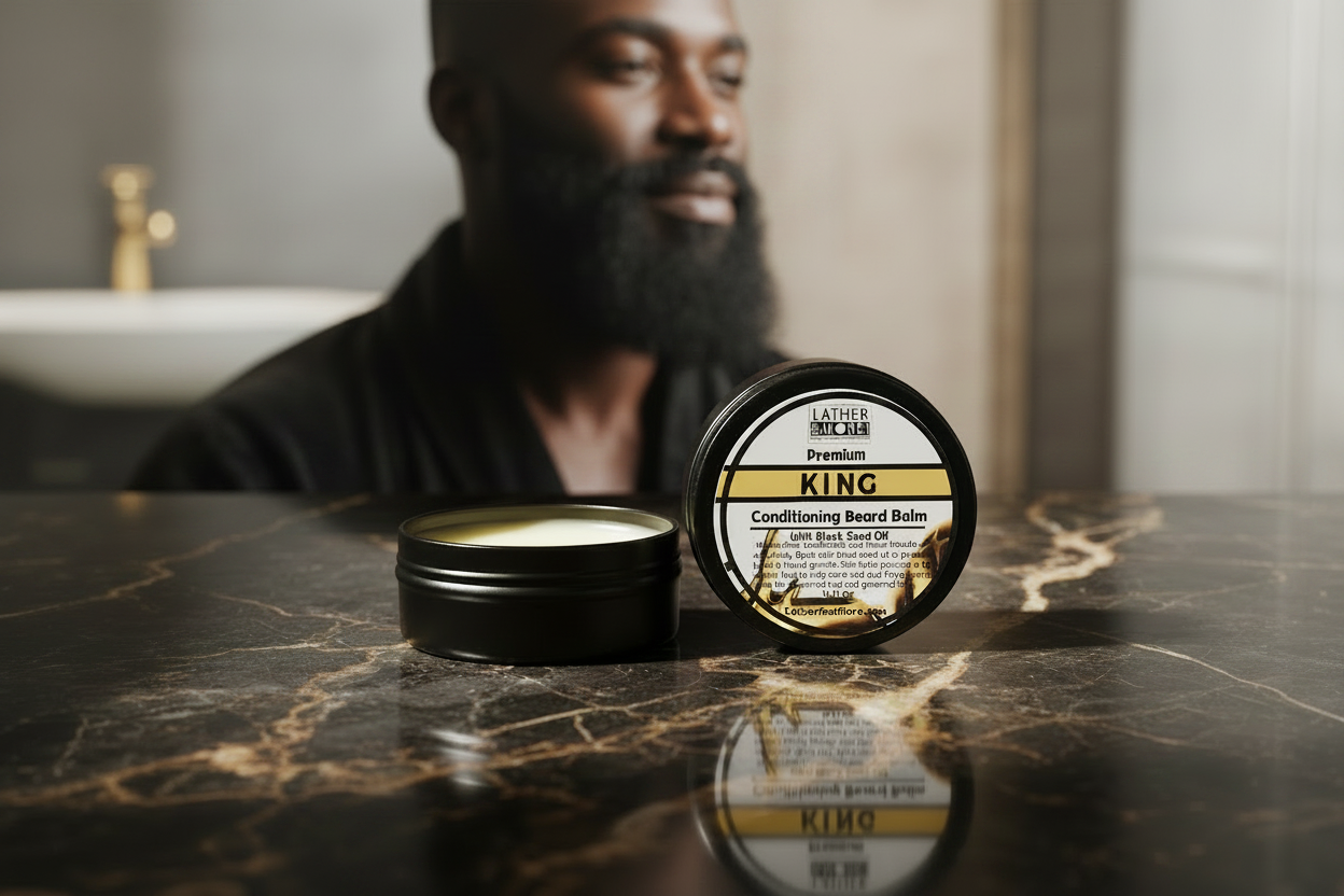 A round tin of King Beard Balm Conditioning Beard Balm sits on a dark marble countertop, with its lid placed beside it. A blurred man with a full beard is visible in the background, wearing a dark robe in a bathroom setting.