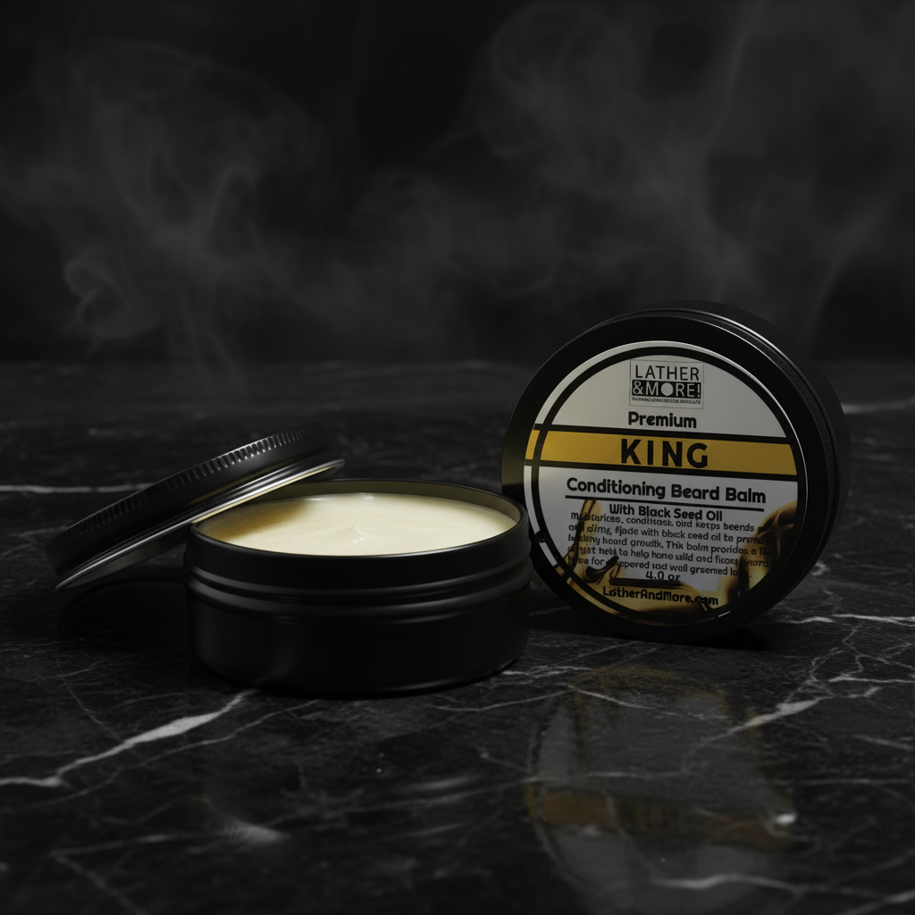 An open round black tin of Lather With Men King Conditioning Beard Balm sits beside its matching lid on a dark marble surface with smoky vapor in the background.