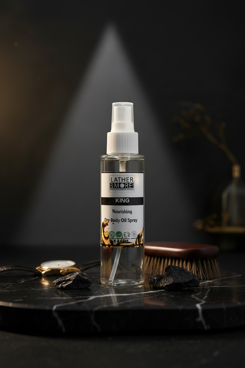 A clear spray bottle of Lather More's King Dry Body Oil Spray, styled on a black marble tray with a wooden brush, gold coins, and dark stones against a dark background with dramatic spotlighting.