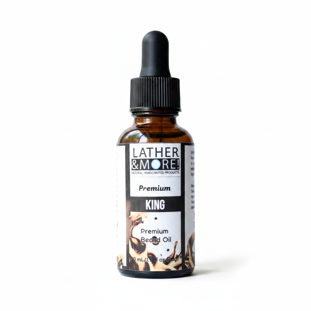 A 10 mL amber glass dropper bottle of Lather & More King Premium Bead Oil, featuring a black dropper cap and a white label with black text and coffee bean graphics, set against a plain white background.