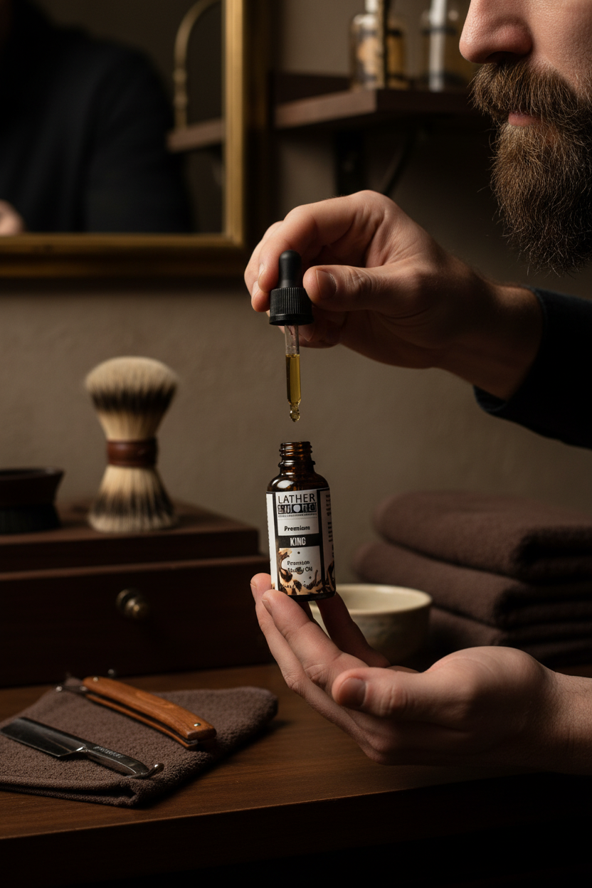 A close-up lifestyle shot of a man holding a small amber dropper bottle labeled 'Lather and More King Beard Oil' over a wooden vanity table. The scene includes a shaving brush, folding towels, and grooming tools, with the man's hand and beard visible.