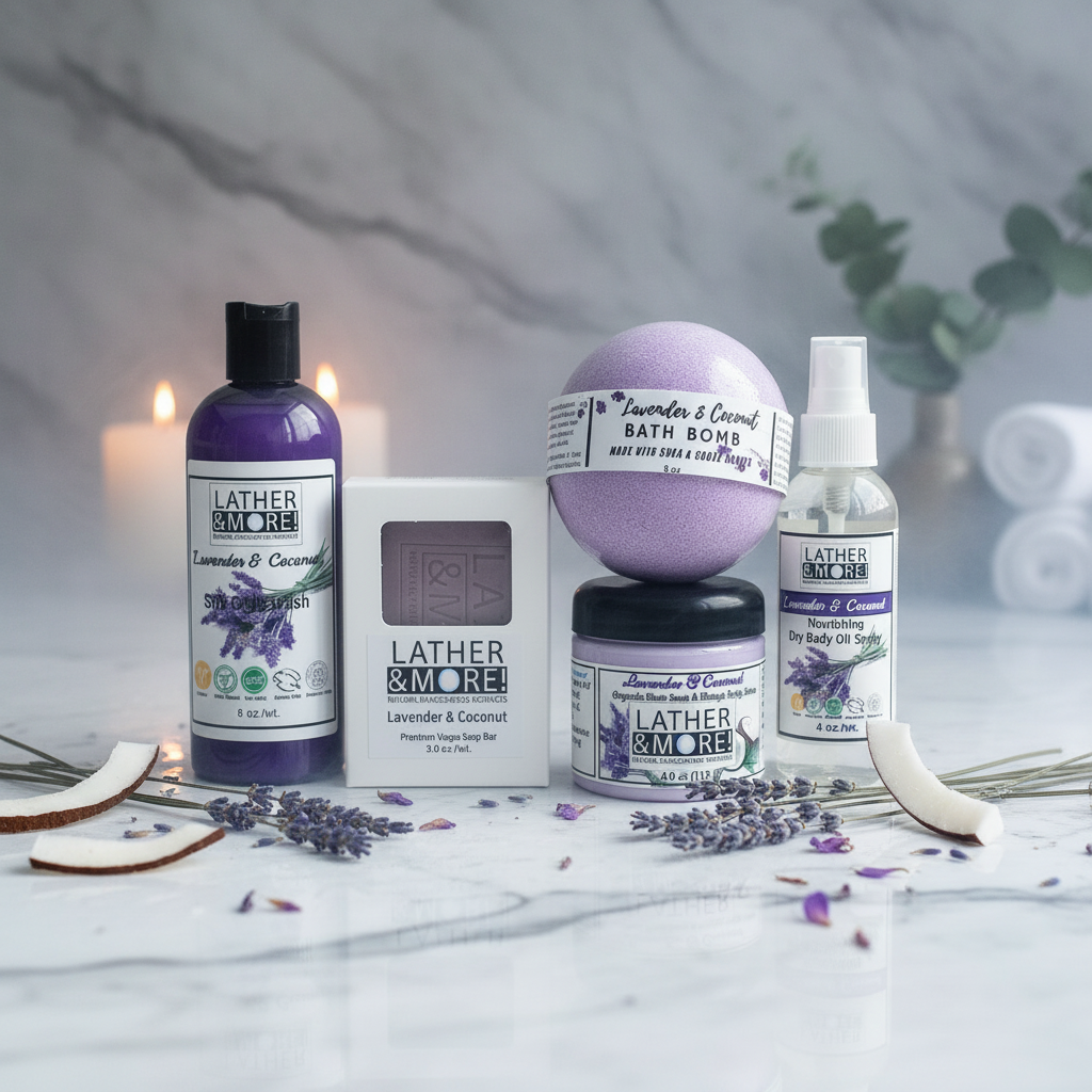 A Lather More Lavender & Coconut self body care set arranged on a white marble surface with candles, lavender sprigs, and rolled towels in the background. The set includes a purple bottle of body wash, a boxed soap bar, a lavender bath bomb, a jar of body butter, and a spray bottle of dry body oil.