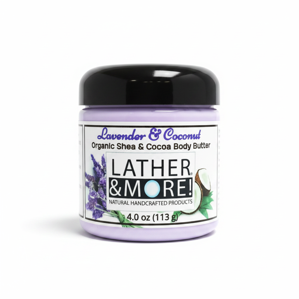 Lather & More Lavender & Coconut Body Butter on white background