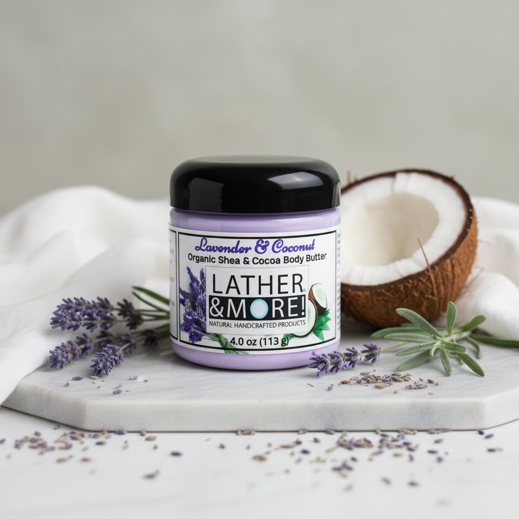 A jar of Lather & More Lavender & Coconut Organic Shea & Cocoa Body Butter sits on a white marble slab with lavender sprigs, a halved coconut, and rosemary, against a soft neutral background.