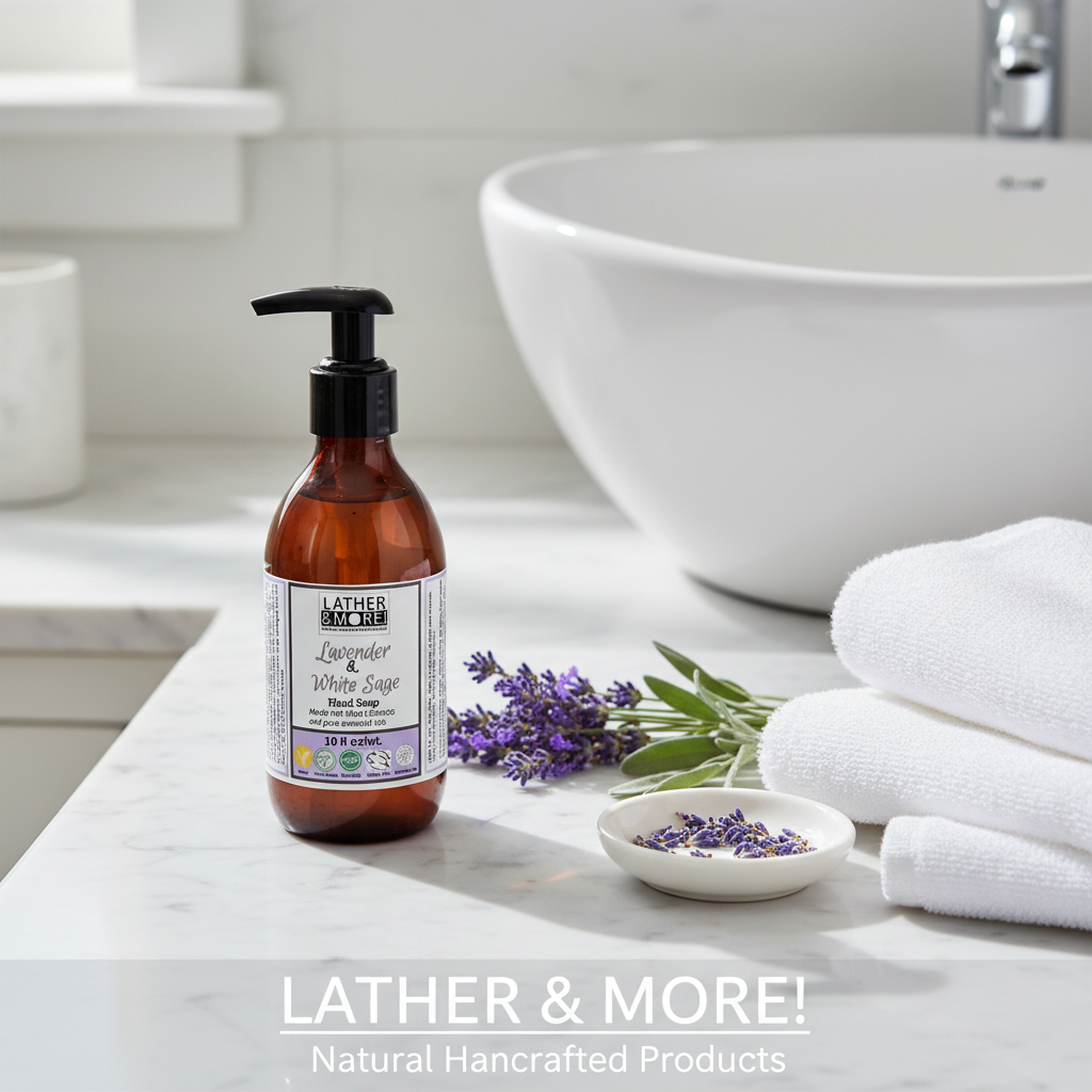 A bottle of Lather & More! Lavender & White Sage Hand Soap stands on a white marble bathroom counter beside folded white towels, lavender sprigs, and a small dish of loose lavender, with a white vessel sink in the background.