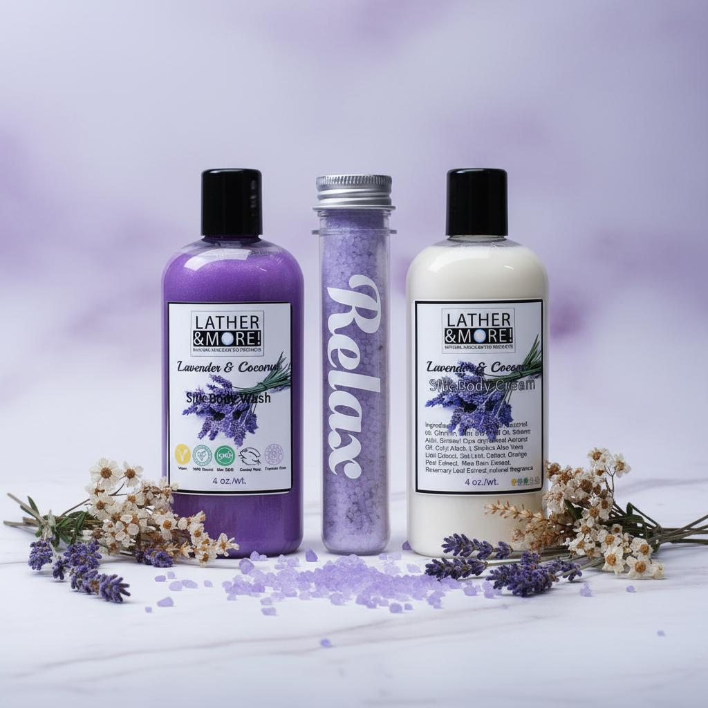 Three Lather & More lavender and coconut body wash products arranged on a white marble surface with scattered lavender crystals and dried flowers against a soft lavender background.