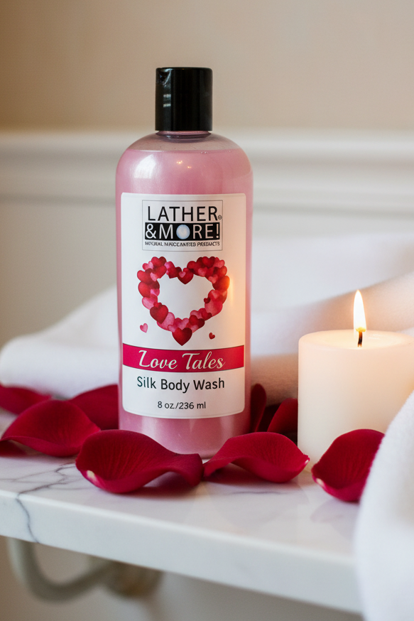 A bottle of Lather & More Love Tales Silk Body Wash, styled on a white marble surface with red rose petals, a lit white candle, and a soft beige background.
