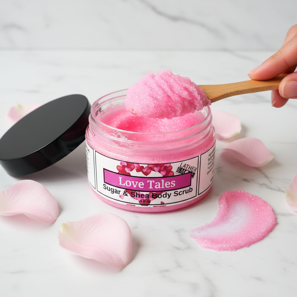 A jar of lather and more's Love Tales pink sugar and shea body scrub with its lid off, showing the scrub being scooped onto a wooden spoon by a hand. Pink rose petals are scattered on a white marble surface.