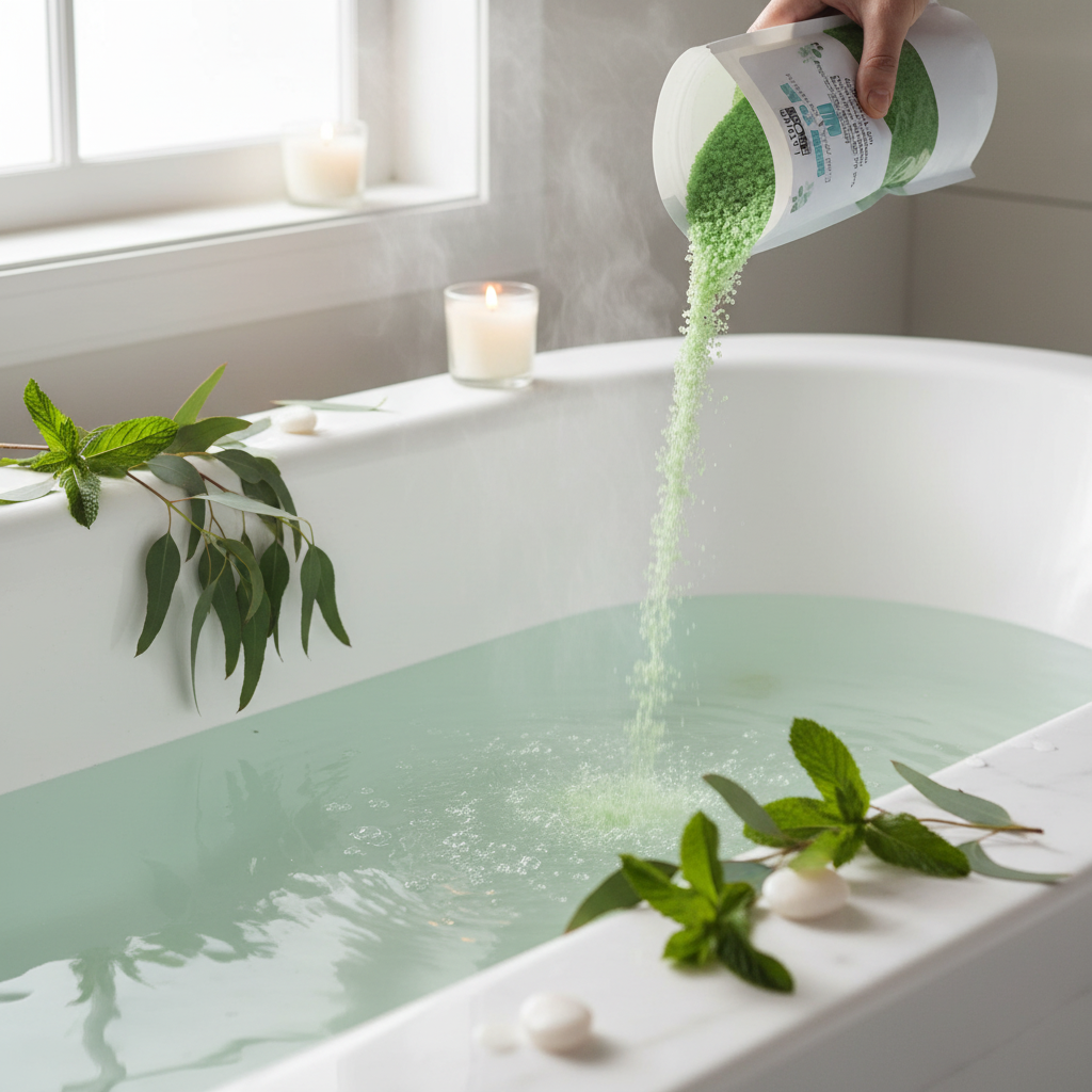 A stand-up pouch of Lather More Mint to Be Eucalyptus & Spearmint Calm bath salts, featuring a white label and a clear window showing bright green crystals inside, set against a plain white background.