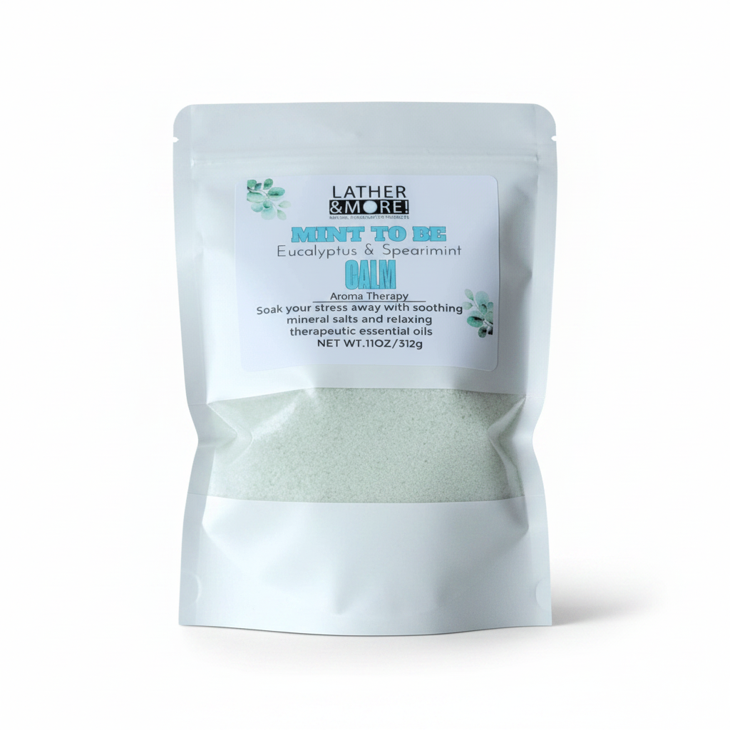 Mint to Be Bath Salt - Green bath salt in a white pouch with company's branding and product name listed  on the label. 