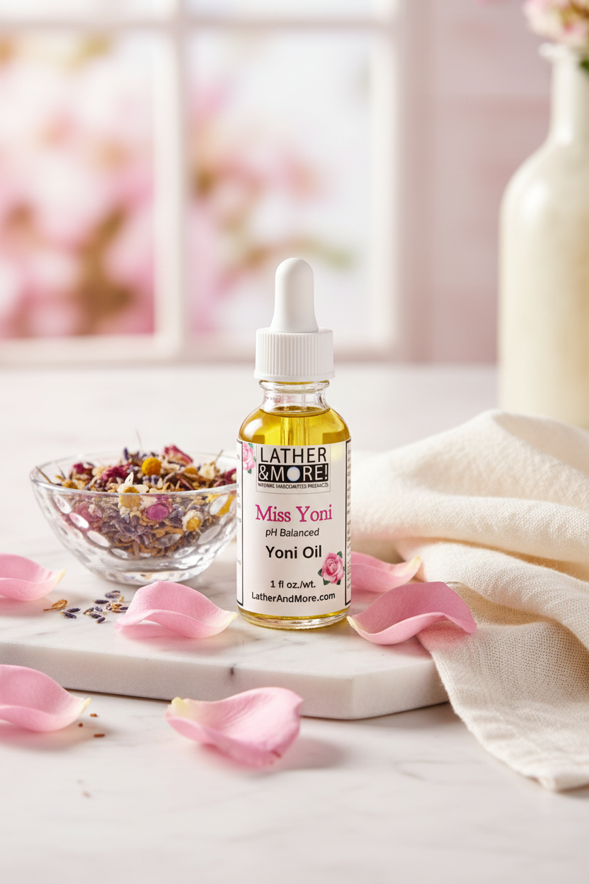A bottle of Leather & More Miss Yoni Yoni Oil stands on a white marble tray with pink rose petals, a small glass bowl of dried botanicals, and a soft cream cloth in a bright, softly blurred setting.